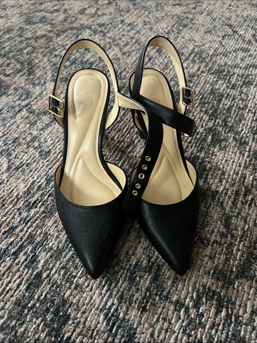 Jessica Simpson Black Pointed Slingback Heels with Studded Strap